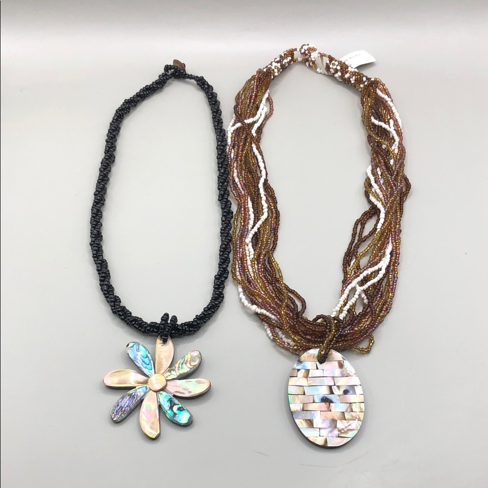 Abalone shell inlay flower + oval mosaic pendant beaded necklace bundle 2 boho.
